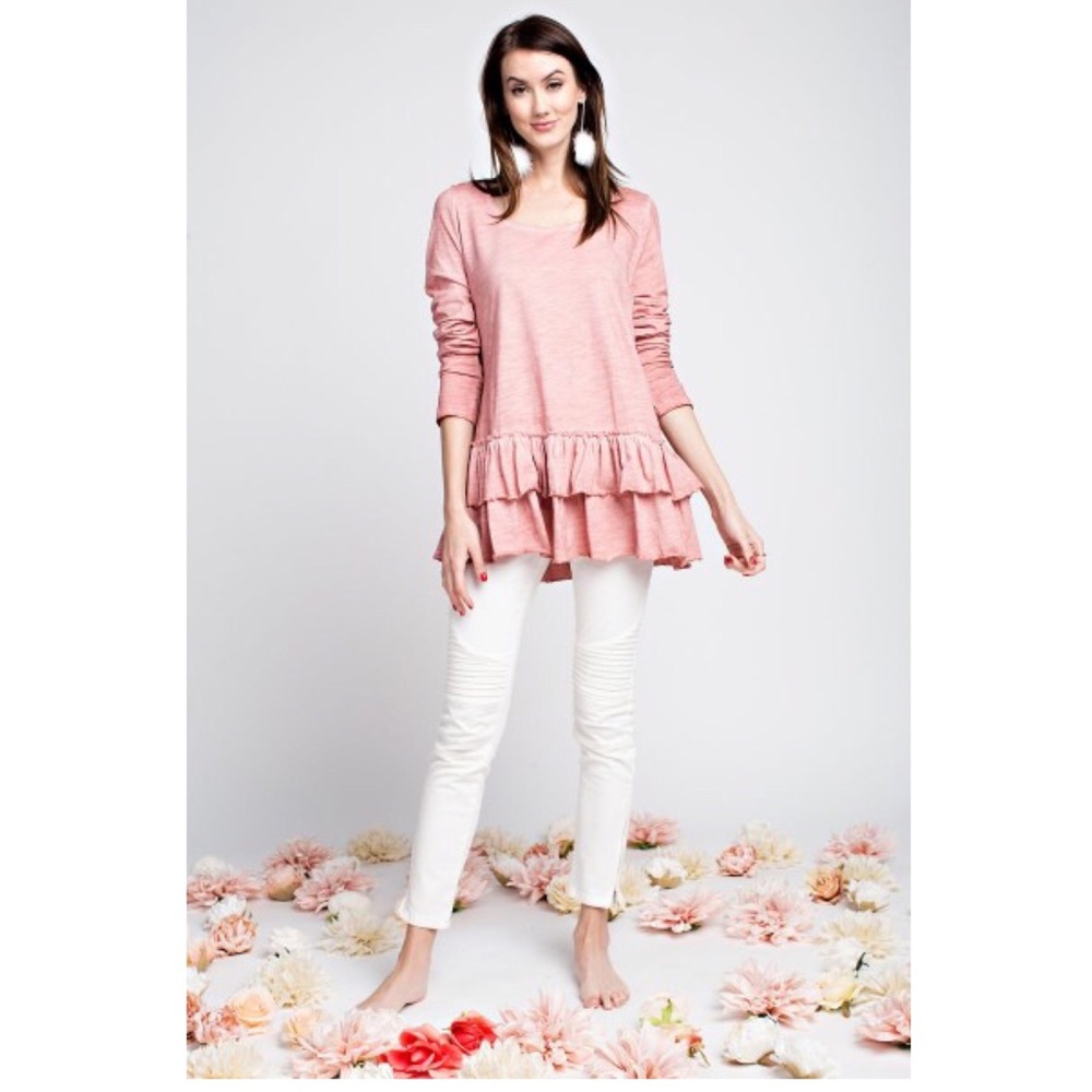 SALE❗️GLENDA RUFFLED PINK LONG SLEEVE TOP LARGE - Picture 3 of 3